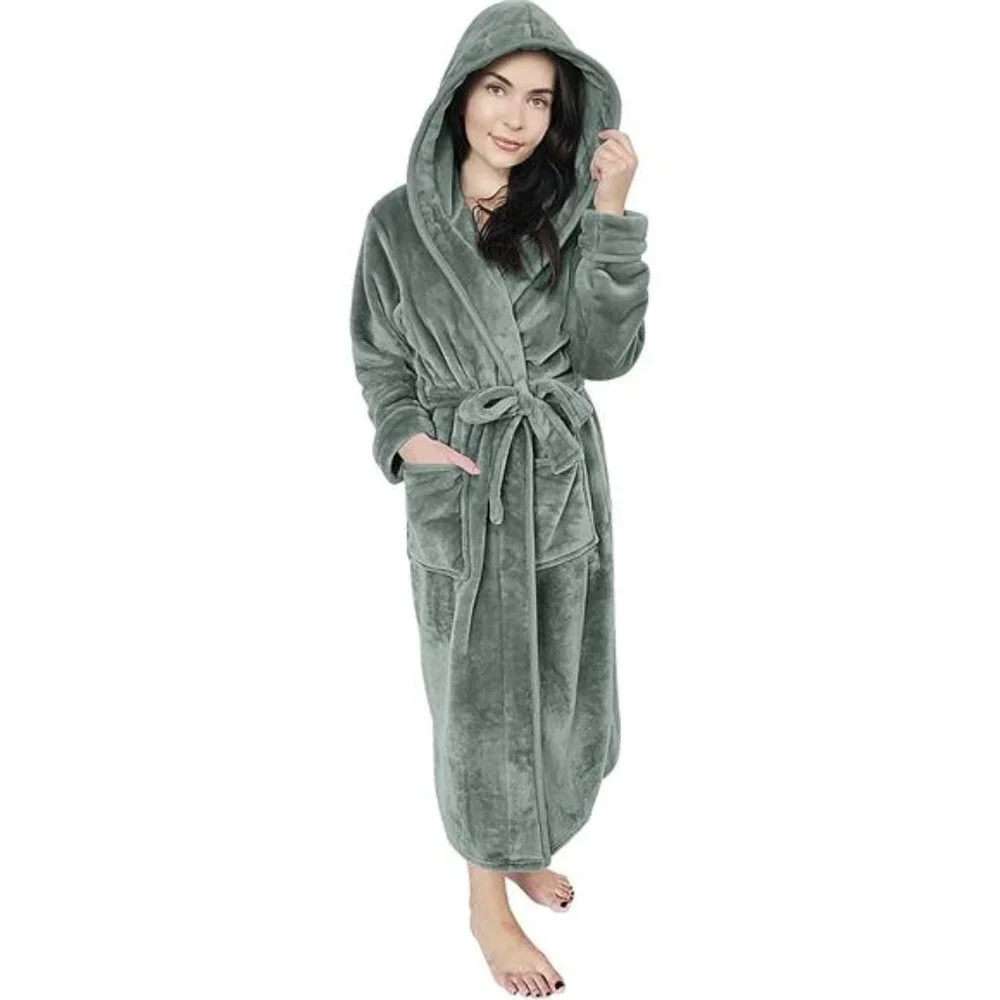 Women Fleece Hooded Bathrobe - Plush Long Robe, Gray